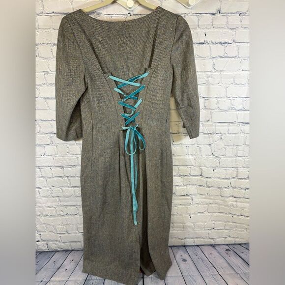 Shoshanna Anthropologie Blue Gray Peasant Herringbone Corset Sheath Dress 10 - Picture 2 of 11
